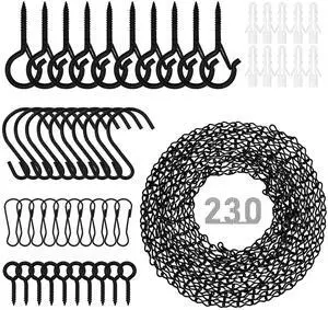 228 Inch Black Metal Hanging Chains and Hanging Basket Hooks Set, Hanging Chains with 40 Hooks and Clips for Bird Feeders Planters, Grow Lights, Lanterns, Wind Chime and Ornaments for Outdoor Indoor