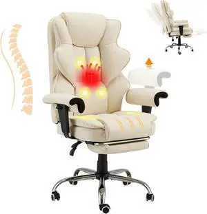 HOMREST 6-Point Massage Executive Chair,Heat Office Chair,Ergonomic Home Office Desk Chairs with Retractable Footrest and Reclining Function,Leather Computer Chair with Adjustable Armrest(Off White)