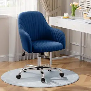 Warmiehomy Velvet Desk Chair for Home Office, Modern Adjustable Swivel Task Chair, Women Vanity Chairs with Arm Rest for Bedroom Dressing Room, Dark Blue