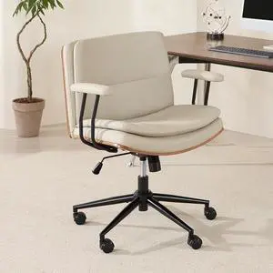 Criss Cross Chair with Armrests & Wheels, PU Leather Adjustable Swivel Walnut Task Chair with Wide Seat, Ergonomic Mid Back Computer Office Desk Chairs for Meeting Room, Home