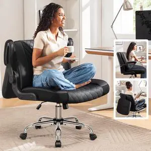 Criss Cross Office Chair with 2-in-1 Flip Backrest  Ergonomic PU Leather Floor Sitting Chair, Adjustable Height, 360° Swivel & Flip-Up Arms, Extra-Wide Seat for Home Office, Vanity, Nail Salon-Black