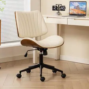 EROMMY Armless Office Desk Chair,Wooden Back Small Office Desk Chair No Arms Adjustable Height Modern Armless Chairs with Swivel Wheels for Small Spaces, Beige
