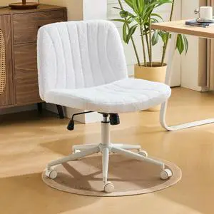 Karl home Criss Cross Chair Armless Desk Chair with Wheels Cross Legged Office SwivelChair Wide Adjustable Comfy Padded Vanity Chair with Dual Purpose Base, Teddy Fleece White