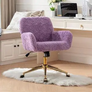 HomVent Faux Fur Desk Chair, Modern Furry Cute Office Desk Chair,Faux Fur Makeup Vanity Chair with Wheels & Gold Base, Adjustable Swivel Ergonomic Home Office Chair for Girl Women Bedroom Study Violet