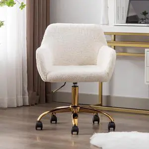 Goujxcy Fluffy Desk Chair, White Faux Fur Vanity Chair Swivel Office Chair for Girls Women, Height Adjustable Cute Teddy Furry Makeup Chairs for Bedroom Home Office
