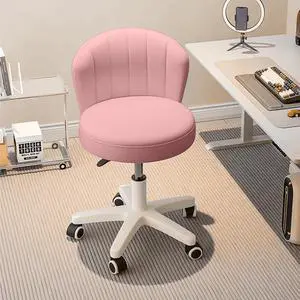 Small Desk Chair Round Rolling Chair with Back PU Leather Height Adjustable Swivel Vanity Work Computer Stool Chair for Home Office Bedroom