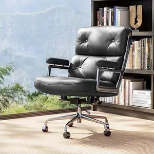 Genuine Leather Office Chair, Mid Back Executive Desk Chairs with Aluminum Arms and Wheels, Swivel Office Leather Chair with Thickened Backrest and Ergonomic Lumbar Support, Black