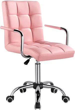Topeakmart Office Chair Height Adjustable Mid Back PU Leather 360° Swivel Large Seat Stylish Office Chair Pink