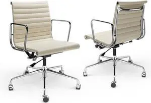 Ribbed Office Chair with Top Grain Leather - Mid Back Ergonomic Desk Chair with Aluminum Arms & Frame, Swivel Wheels & Tilt Function, Adjustable Height