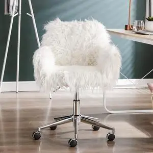 SSLine Faux Fur Vanity Chair Modern White Furry Makeup Desk Chairs for Girls Women Elegant Comfy Upholstered Arm Chair with Rolling Wheels in Bedroom Living Room(White)
