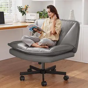 Armless Criss Cross Chair with Wheels, Leather Cross Legged Office Chair with 2-Layer Cushion,Swivel Modern Home Office Desk Chair 25.5" Wide Seat Height Adjustable for Craft Room,Vanity,Grey