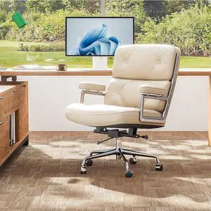Genuine Leather Office Chair, Mid Back Executive Desk Chairs with Aluminum Arms and Wheels, Swivel Office Leather Chair with Thickened Backrest and Ergonomic Lumbar Support, White