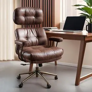 ovios Ergonomic Home Office Chair, Mid-Century Modern Faux Leather Chairs with Thickened Cushions, Comfy High Back Swivel Rolling Executive Computer Armchair (Dark Brown, Suede Leather)