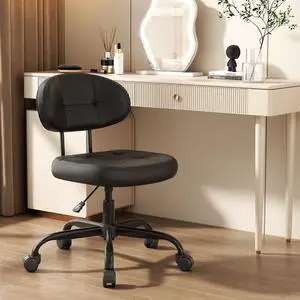 Misolant Vanity Chair with back, Small Armless Cute office Chair with wheels and Lumbar support, Comfy PU Leather Desk Computer Chairs with Adjustable Height, 360°Swivel for Home Bedroom Office, Black