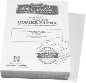 Rite in the Rain Weatherproof Bulk Copier Paper, 8.5" x 11", 20# White, 500 Sheet Pack (No. 208511X) Rite in the Rain Weatherproof Bulk Copier Paper, 8.5" x 11", 20# White, 500 Sheet Pack (No. 208511X)