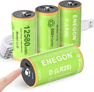 ENEGON Rechargeable Lithium D Batteries 4 Pack, 12580mWh USB-C Charge ENEGON Rechargeable Lithium D Batteries 4 Pack, 12580mWh USB-C Charge