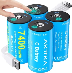 Rechargeable C Batteries 4 Pack 7400mWh Lithium LR14 500+ Cycles Rechargeable C Batteries 4 Pack 7400mWh Lithium LR14 500+ Cycles