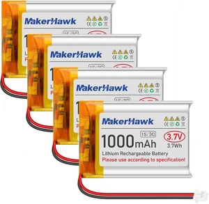 MakerHawk 3.7V Lipo Battery 1000mAh 803040 Rechargeable Lithium Polymer Battery with Micro PH1.25 Connector Integrated Protection Circuit for Electronic Device (4 Pcs) MakerHawk 3.7V Lipo Battery 1000mAh 803040 Rechargeable Lithium Polymer Battery with Micro PH1.25 Connector Integrated Protection Circuit for Electronic Device (4 Pcs)