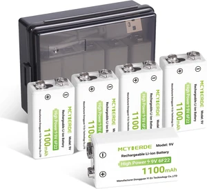 9Volt Lithium Batteries 5 Pack Long-Lasting with USB-C Cable
