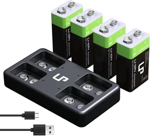 LP 9V Rechargeable Batteries with Micro USB Charging Station 4 Pack 500mAh