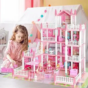 Lovely Doll House with 4 Dolls Pretend-Play DIY Dollhouse Kit 4-Story 11 Rooms Toy Figures Playhouse for Girls Birthday Gift