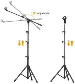 Microphone Stand Tripod with Carrying Bag and 2 Mic Clips Floor Mic Stand Height Adjustable Mic Holder for Singing Performance