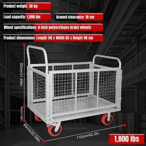 Steel Panel Truck with Cage, Heavy Duty Drywall Cart Lumber Cart Platform Truck Flat Cart, 1800lbs, 6" Swivel Brake Casters