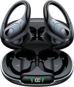 Active Noise Cancelling Earbuds Wireless Bluetooth Headphones Ear Buds 90Hrs Playback Stereo Bass Earphones with Mic Over-Ear Hooks IPX7 Waterproof Headset for Work Sports Running Gym Black