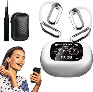 Aluminiumk True Powerful Bluetooth 5.4 Open Ear Earbuds, IPX5 Waterproof, aluminiumk Bluetooth Headphones, Bass Stereo Ear Buds with Noise Cancelling Mic LED Display (White)