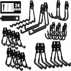 AOBEN 24PCS Garage Hooks, Heavy Duty Double Garage Hanger Organizer Wall Mount Iron Anti-Slip Garage Storage Hooks for Ladder, Power Tool,Bike,Ropes23 Hooks & 1 hoder Strap-Black AOBEN 24PCS Garage Hooks, Heavy Duty Double Garage Hanger Organizer Wall Mount Iron Anti-Slip Garage Storage Hooks for Ladder, Power Tool,Bike,Ropes23 Hooks & 1 hoder Strap-Black