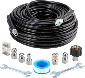 Sewer Jetter Kit 100FT for Pressure Washer, Pressure Washer Drain Jetter with 5800PSI Cleaner Hose 1/4 Inch NPT, Corner, Rotating & Button Nose Sewer Jetting Nozzle Spanner Waterproof Tape Pearl Pin Sewer Jetter Kit 100FT for Pressure Washer, Pressure Washer Drain Jetter with 5800PSI Cleaner Hose 1/4 Inch NPT, Corner, Rotating & Button Nose Sewer Jetting Nozzle Spanner Waterproof Tape Pearl Pin