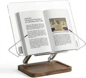 Acrylic Book Stand with Walnut Storage & Elastic Clips | Adjustable Desktop Holder, Supports Cookbooks, Magazines, Tablets and Laptops Acrylic Book Stand with Walnut Storage & Elastic Clips | Adjustable Desktop Holder, Supports Cookbooks, Magazines, Tablets and Laptops