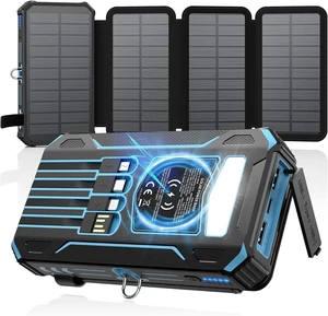 Solar Power Bank 48000mAh Wireless Battery Pack with 4 Cables Solar Power Bank 48000mAh Wireless Battery Pack with 4 Cables