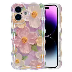 Case for iPhone 16, Colorful Retro Oil Painting Printed Flower Laser Glossy Pattern Cute Curly Wave Edge Exquisite Phone Cover Stylish Durable TPU Protective Case for Girl Women-Pink Case for iPhone 16, Colorful Retro Oil Painting Printed Flower Laser Glossy Pattern Cute Curly Wave Edge Exquisite Phone Cover Stylish Durable TPU Protective Case for Girl Women-Pink