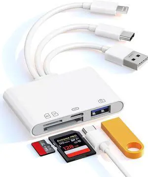 Flash Drive Adapter & SD/TF Card Reader for iPhone - 4-in-1 OTG Adapter with SD/TF Slots & USB-A/USB-C Flash Drive Port to Transfer Photos to Phone Triple USB-C/Lightning/USB-A for iPhone/iPad/Mac/PC Flash Drive Adapter & SD/TF Card Reader for iPhone - 4-in-1 OTG Adapter with SD/TF Slots & USB-A/USB-C Flash Drive Port to Transfer Photos to Phone Triple USB-C/Lightning/USB-A for iPhone/iPad/Mac/PC