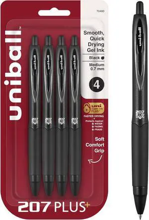 uniball 207 Plus+ Gel Pens, Black Ink, 0.7mm Medium Point, 4 Count | Retractable, Faster-Drying, Smooth Writing, Smear-Resistant, uni Super Ink Plus+ uniball 207 Plus+ Gel Pens, Black Ink, 0.7mm Medium Point, 4 Count | Retractable, Faster-Drying, Smooth Writing, Smear-Resistant, uni Super Ink Plus+
