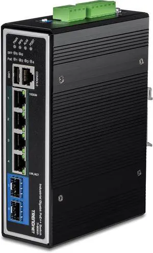 TRENDnet 6-Port Industrial Gigabit L2+ Managed PoE++ DIN Rail Switch, 4 x Gigabit PoE++ Ports, DIN-Rail Mount, 2 x SFP Slots, IP30, VLAN, QoS, LACP, Bandwidth Management, ERPS, Black, TI-BG62i