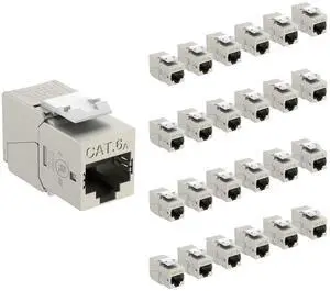 UL Listed 10Gbps Cat6A Shielded Keystone Jack Insert 25 -Pack, 180 Degree Punch Down RJ45 Keystone Jack Adapter Slim Profile for Patch Panel & Wall Plate, Sliver UL Listed 10Gbps Cat6A Shielded Keystone Jack Insert 25 -Pack, 180 Degree Punch Down RJ45 Keystone Jack Adapter Slim Profile for Patch Panel & Wall Plate, Sliver