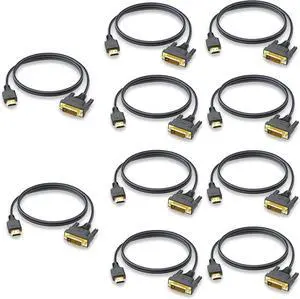 HDMI to DVI Cable 3Ft Pack of 10, DVI-to-HDMI Bi-drectional Braided Sheath Cord Full HD 1080P@60Hz Gold-Plated Male to Male for Laptop Computer Gaming Console Graphics Card to Monitor Projector TV