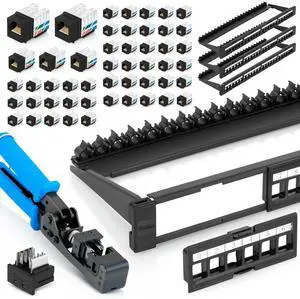 Bundle 4 Items: 24 Port Keystone Patch Panel (4-Pack) + 90° Angled Speed Termination Tool (easyJACK) + Replacement Head + 90° Angled RJ45 Cat6 Keystone Jacks in Black (50 Pack) Bundle 4 Items: 24 Port Keystone Patch Panel (4-Pack) + 90° Angled Speed Termination Tool (easyJACK) + Replacement Head + 90° Angled RJ45 Cat6 Keystone Jacks in Black (50 Pack)