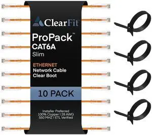 Slim 10 Pack - 10ft Cat6A Cable with 4 8-Inch Hook and Loop Straps, 28AWG Ethernet Patch, Network, Clear Boot, Cat 6A Internet, Orange, 10 Foot, by UNC Group