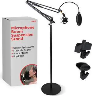 Pyle Microphone Boom Suspension Stand - Scissor Arm Mic Mount w/Shock Mount, Integrated Pop Filter, 3.1' ft. Max Extension, Suitable for Podcast Recording, Broadcasting, Streaming, Stage & Studio Use