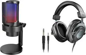 FIFINE Gaming Microphone and 3.5mm/6.35mm Studio Monitor Headphones, USB PC Condenser RGB Desktop Mic for Streaming, Podcasts, Studio Monitor Over-Ear Wired Headphones for Recording(A8+H8)