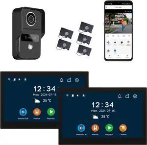 2pin-Wired 2MP HD Indoor 10" WiFi Monitor Smart Home Video Doorbell Intercom System, Remote APP Phone Unlock Video Record Motion Detect 2-Way Talk IR Camera Door Bell 1x doorbell + 2X 10in Monitor
