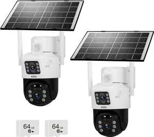 KERUI 2K Solar Security Cameras with Dual Lens Wireless Security Camera Outside with Solar Panel 360° View Pan, AI Human Detection, Color Night Vision,2-Way Audio with 64G SD Storage(2 Pack)