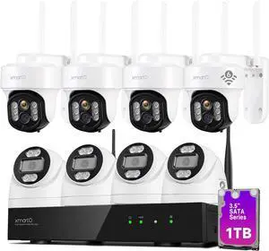 xmartO 10CH 8 Pcs Home Security Camera Kit, 4 * 10X Zoom WiFi6 Security Camera and 4 * 2K HD Dome Camera, 2-Way Audio, Night Vision, 24/7 Surveillance Camera, No Monthly Fee(Include 1TB Hard Drive