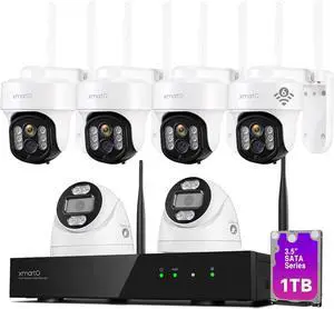xmartO 10CH 6 Pcs Home Security Camera Kit, 4 * 10X Zoom WiFi6 Security Camera and 2 * 2K HD Dome Camera, 2-Way Audio, Night Vision, 24/7 Surveillance Camera, No Monthly Fee(Include 1TB Hard Drive
