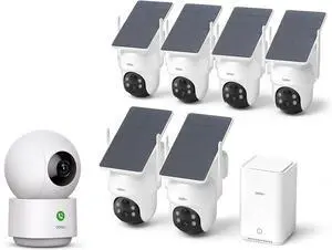 aosu Indoor & Outdoor Security Camera Bundle  6-Cam Wireless Outdoor Kit with Solar 5MP Pan-Tilt Cameras + 2K Indoor Baby/Pet Monitor with Smart Motion Tracking, No Subscription, aosuBase Expandable