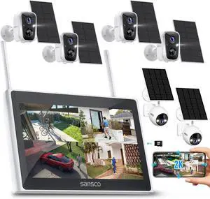 SANSCO 2K Wireless Security Camera System, 10CH 10 inch LCD Monitor NVR with 128GB TF Card, Solar-Powered 6 Cam-Kit, 2-Way Audio, Color Night Vision, 5G & 2.4G WiFi, No Subscription