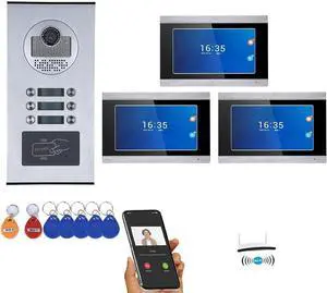 Smart Video Intercom Apartment Multi Unit Doorbell, 3 x 7 4pin Wired WiFi Touch Screen, 1080P HD Monitor Camera, Motion Detection Video Record with SD Card Phone App Control 2 Way Talk IR Door Bell